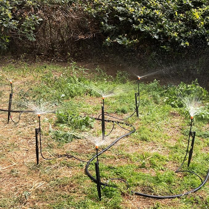12 Sets 360°Drip Micro Spray Emitters with Sprinkler Stake, Drip Sprinkler Heads with Adjustable Riser 1/4" Irrigation Tubing and Barbed Coupler,Micro Sprinkler Assembly for Garden Irrigation System