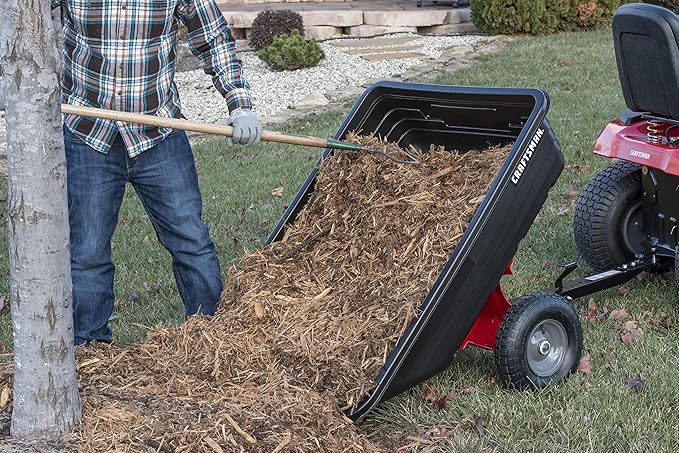 Craftsman CMXGZBF7124489 350 lb Load Capacity, Tow Behind Poly Dump/Swivel Cart, 10 CU FT Capacity; Lawn & Garden Cart/Trailer for Lawn Mowers, Easy to Use Hand Dumping Mechanism