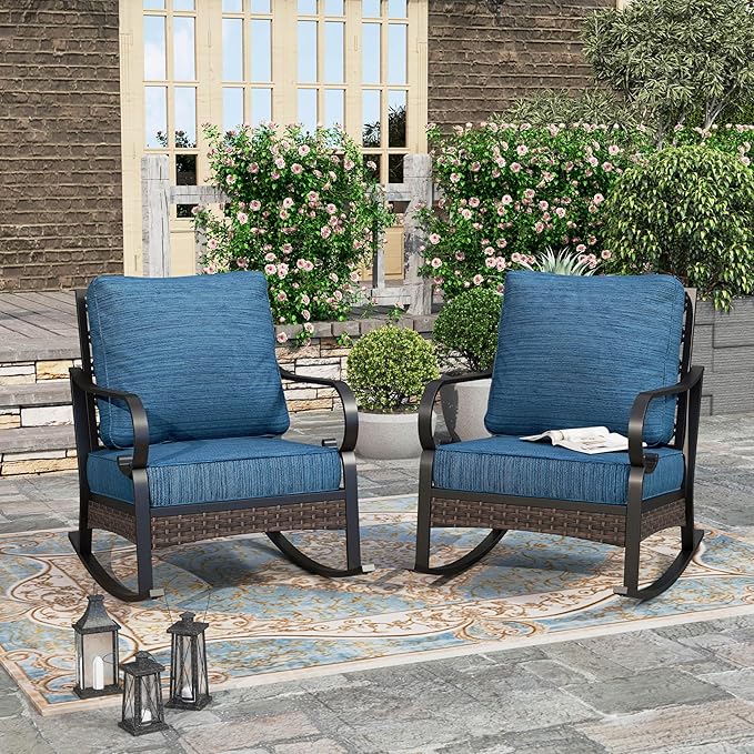HERA'S HOUSE Patio Rocking Chairs Set of 2 with Thick Cushions, High Back Metal Outdoor Rockers, All Weather Garden Furniture for Backyard, Deck, Lawn, Peacock Blue