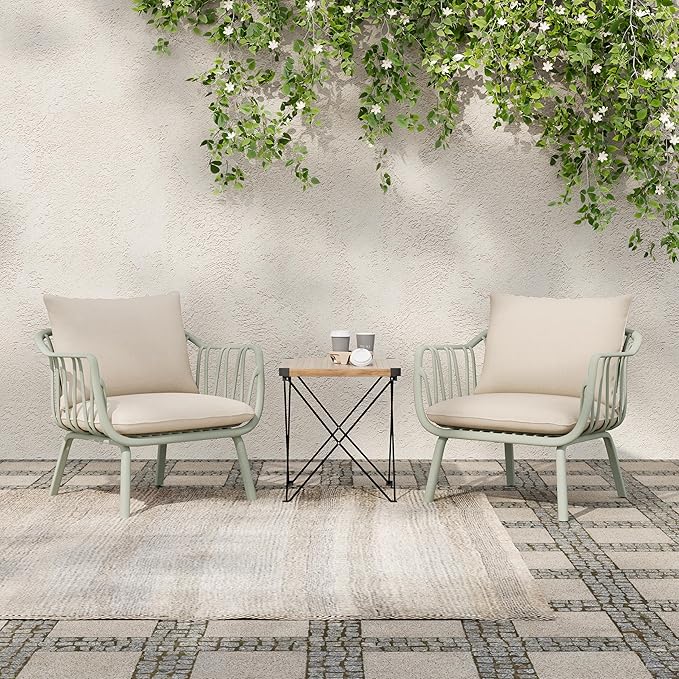 Christopher Knight Home Set of 2 Huron Indoor/Outdoor Polypropylene and Iron Frame Club Chairs,Patio Conversation Seating/Armchair for Garden, Backyard, Poolside,Removable Cushions, Light Green+Beige