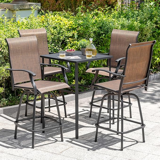 NUU GARDEN 5 Piece Outdoor Swivel Bar Set, All Weather Patio High Bar Stool Bistro Set with Textilene Height Back Bar Chairs and Slatted Metal Bar Table with Umbrella Hole, Black and Brown