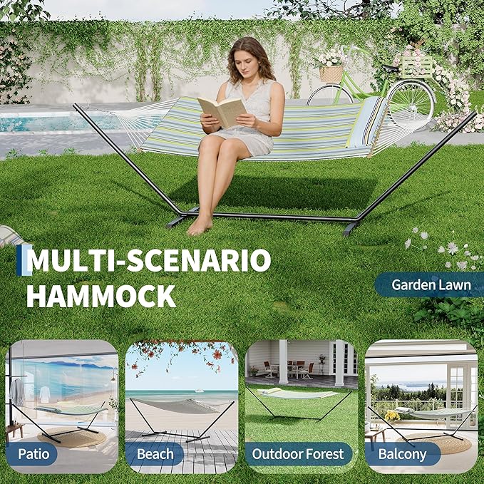 Garvee 2 Person Portable Double Hammock for Outdoor with Pillow, Heavy Duty Portable Hammock with Adjustable Steel Stand for Patio, Garden, Beach, Backyard