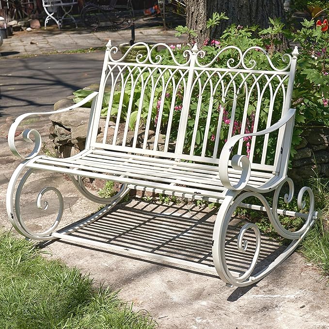 Zaer Ltd. Outdoor Metal Rocking Bench (Bench, Antique White)