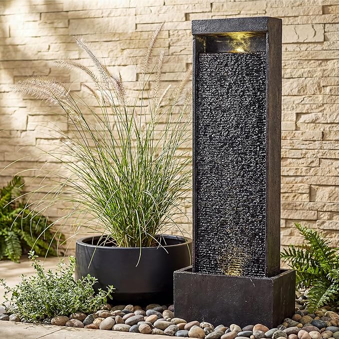 35-Inch Outdoor Water Fountain, Modern Curved Faux Slate Resin Indoor Waterfall Fountain with 2 Warm LED Lights, Home Art Decor for Garden, Patio, Yard, Deck, Porch, Balcony in Black