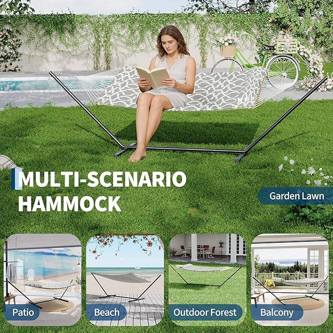 Garvee 2 Person Portable Double Hammock for Outdoor with Pillow, Heavy Duty Portable Hammock with Adjustable Steel Stand for Patio, Garden, Beach, Backyard