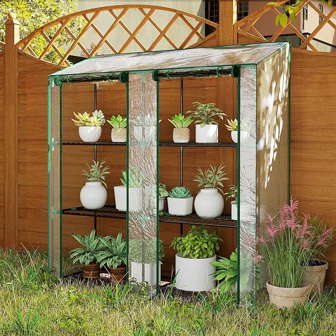 Outsunny Lean-to Mini Greenhouse with 3 Tier Shelves, Portable Green House with 2 Roll-up Doors, Garden Plant Grow Hot House for Indoor Outdoor, 56.3"x18.1"x59.4", Clear