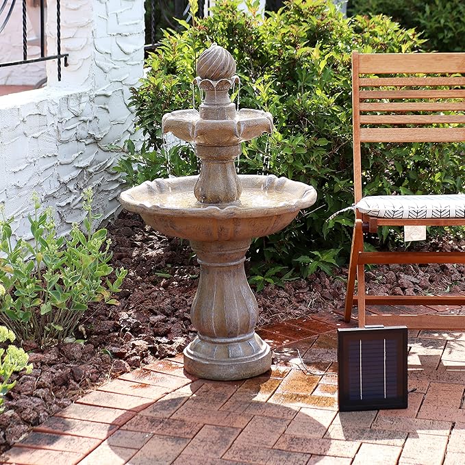 Sunnydaze 35" Solar 2-Tier Outdoor Water Fountain - Garden Water Feature with Battery Backup and Pump - Earth