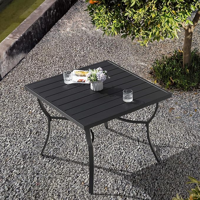 NUU GARDEN 36" Aluminum Slat Top Outdoor Patio Dining Table, 4 Person Square Aluminum Bistro Table with 1.97" Umbrella Hole, Powder Coated Frame Dining Tables for Lawn, Garden and Balcony, Black